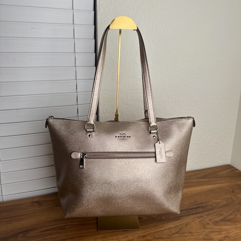 Coach Gallery Tote Bag Metallic Silver Gold Crossgrain Leather F87680 - Picture 2 of 14